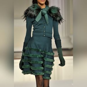 ❤️BUY2️⃣GET1️⃣🆓$5,200 OSCAR DE LA RENTA GREEN FUR RUNWAY DRESS JACKET SET XS
